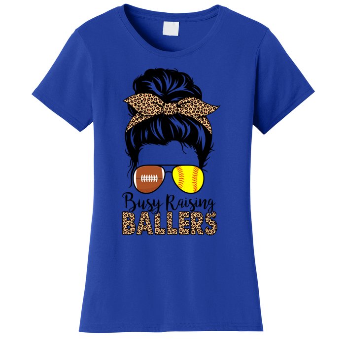 Busy Raising Ballers Softball And Football Mom Messy Bun Funny Gift Women's T-Shirt