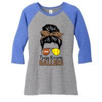 Busy Raising Ballers Softball And Football Mom Messy Bun Funny Gift Women's Tri-Blend 3/4-Sleeve Raglan Shirt