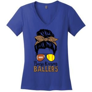 Busy Raising Ballers Softball And Football Mom Messy Bun Funny Gift Women's V-Neck T-Shirt