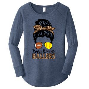 Busy Raising Ballers Softball And Football Mom Messy Bun Funny Gift Women's Perfect Tri Tunic Long Sleeve Shirt