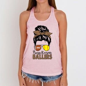 Busy Raising Ballers Softball And Football Mom Messy Bun Funny Gift Women's Knotted Racerback Tank