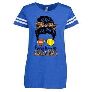 Busy Raising Ballers Softball And Football Mom Messy Bun Funny Gift Enza Ladies Jersey Football T-Shirt