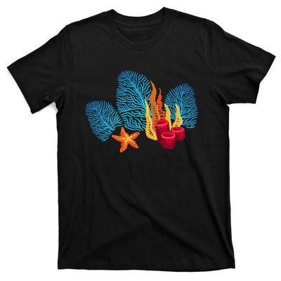 Bright Red Blue Coral Seaweed Marine Life Sea Life Starfish T-Shirt