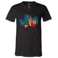 Bright Red Blue Coral Seaweed Marine Life Sea Life Starfish V-Neck T-Shirt