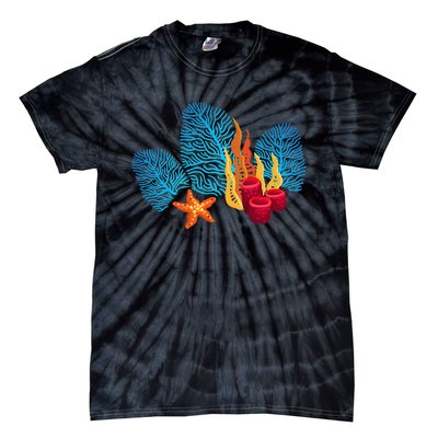 Bright Red Blue Coral Seaweed Marine Life Sea Life Starfish Tie-Dye T-Shirt