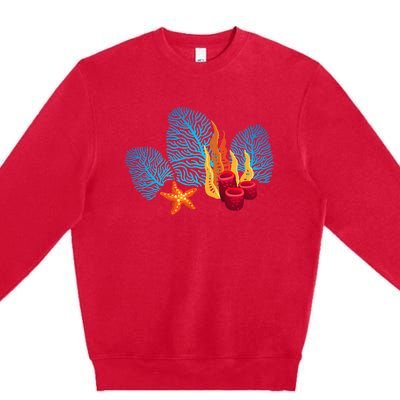 Bright Red Blue Coral Seaweed Marine Life Sea Life Starfish Premium Crewneck Sweatshirt