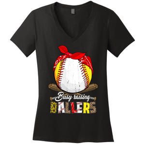 Busy Raising Ballers Softball Baseball Mom Life Gifts Mom Women's V-Neck T-Shirt