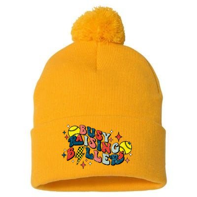 Busy Raising Ballers Funny Softball Lover Mothers Day Pom Pom 12in Knit Beanie