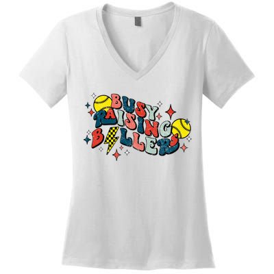 Busy Raising Ballers Funny Softball Lover Mothers Day Women's V-Neck T-Shirt