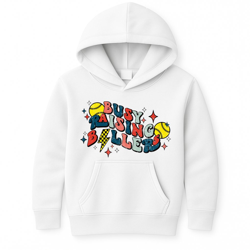 Busy Raising Ballers Funny Softball Lover Mothers Day Kids Hoodie
