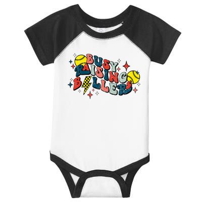 Busy Raising Ballers Funny Softball Lover Mothers Day Infant Baby Jersey Bodysuit