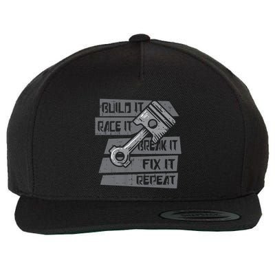 Build Race Break Fix It Repeat Auto Mechanic Wool Snapback Cap
