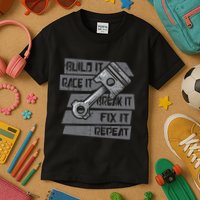 Build Race Break Fix It Repeat Auto Mechanic Kids T-Shirt