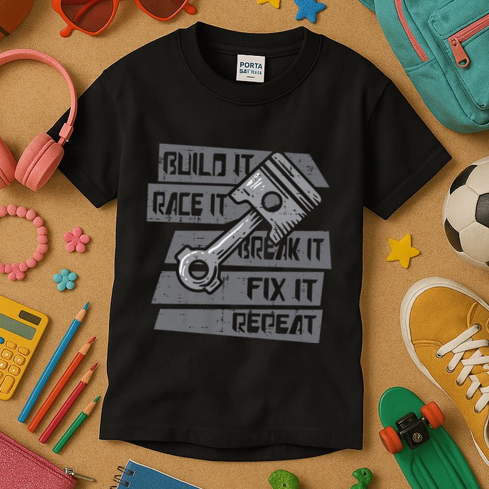 Build Race Break Fix It Repeat Auto Mechanic Kids T-Shirt