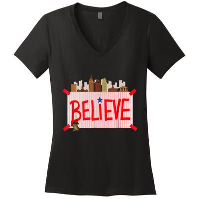 Believe Ring Bell Philadelphia Baseball Player Women's V-Neck T-Shirt