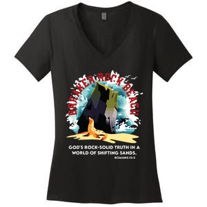 Breaker Rock Beach Gods Rock Solid Truth In A World Vbs 2024 Women's V-Neck T-Shirt