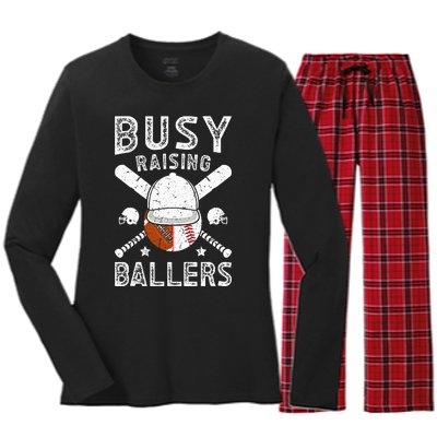 Busy Raising Ballers Football Baseball Dad Of Ballers Women's Long Sleeve Flannel Pajama Set 