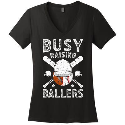 Busy Raising Ballers Football Baseball Dad Of Ballers Women's V-Neck T-Shirt