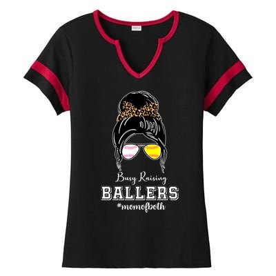 Busy Raising Ballers Mom Of Both Baseball Softball Messy Bun Sticker Features De Ladies Halftime Notch Neck Tee