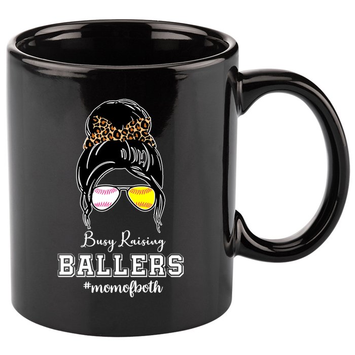 Busy Raising Ballers Mom Of Both Baseball Softball Messy Bun Sticker Features De 11oz C Handle Ceramic Mug