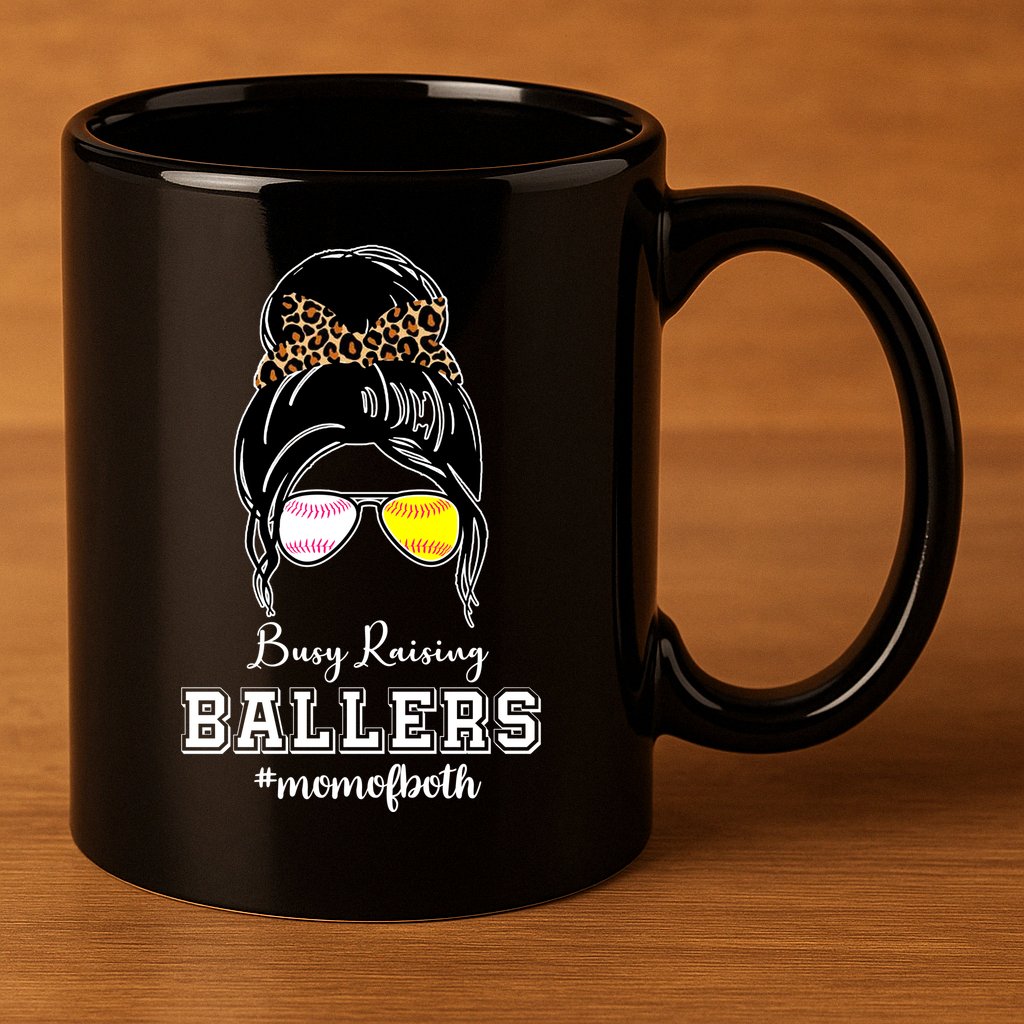 Busy Raising Ballers Mom Of Both Baseball Softball Messy Bun Sticker Features De 11oz C Handle Ceramic Mug