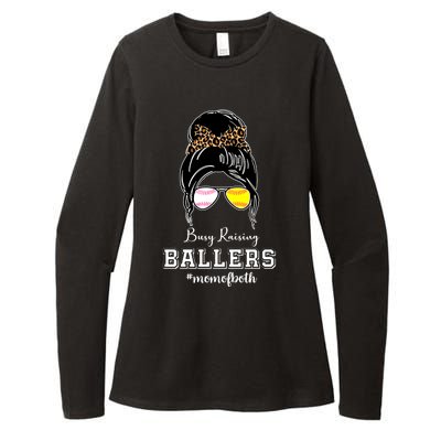 Busy Raising Ballers Mom Of Both Baseball Softball Messy Bun Sticker Features De Womens CVC Long Sleeve Shirt