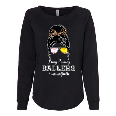 Busy Raising Ballers Mom Of Both Baseball Softball Messy Bun Sticker Features De Womens California Wash Sweatshirt