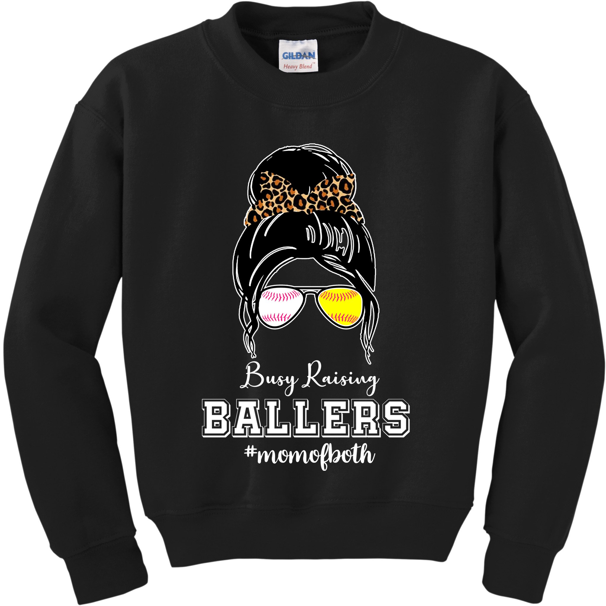 Busy Raising Ballers Mom Of Both Baseball Softball Messy Bun Sticker Features De Kids Sweatshirt