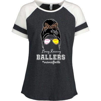 Busy Raising Ballers Mom Of Both Baseball Softball Messy Bun Sticker Features De Enza Ladies Jersey Colorblock Tee