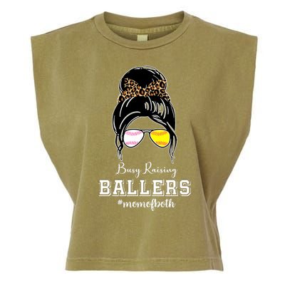 Busy Raising Ballers Mom Of Both Baseball Softball Messy Bun Sticker Features De Garment-Dyed Women's Muscle Tee