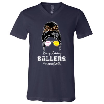 Busy Raising Ballers Mom Of Both Baseball Softball Messy Bun Sticker Features De V-Neck T-Shirt