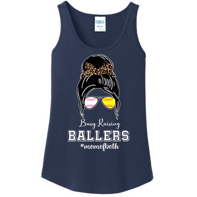 Busy Raising Ballers Mom Of Both Baseball Softball Messy Bun Sticker Features De Ladies Essential Tank