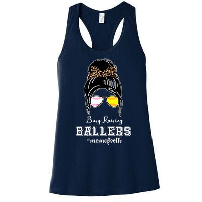 Busy Raising Ballers Mom Of Both Baseball Softball Messy Bun Sticker Features De Women's Racerback Tank