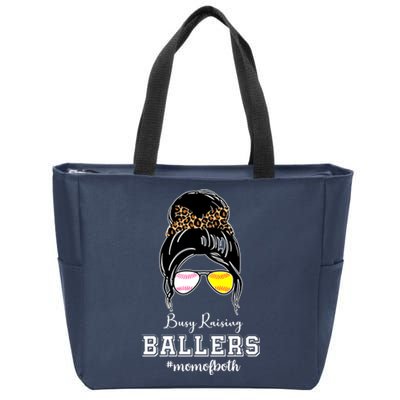 Busy Raising Ballers Mom Of Both Baseball Softball Messy Bun Sticker Features De Zip Tote Bag