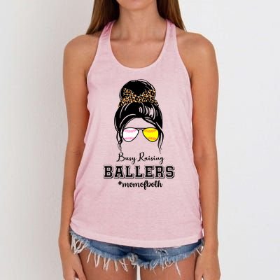 Busy Raising Ballers Mom Of Both Baseball Softball Messy Bun Sticker Features De Women's Knotted Racerback Tank