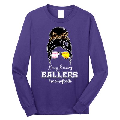 Busy Raising Ballers Mom Of Both Baseball Softball Messy Bun Sticker Features De Long Sleeve Shirt
