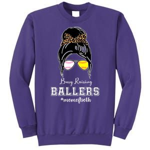 Busy Raising Ballers Mom Of Both Baseball Softball Messy Bun Sticker Features De Sweatshirt