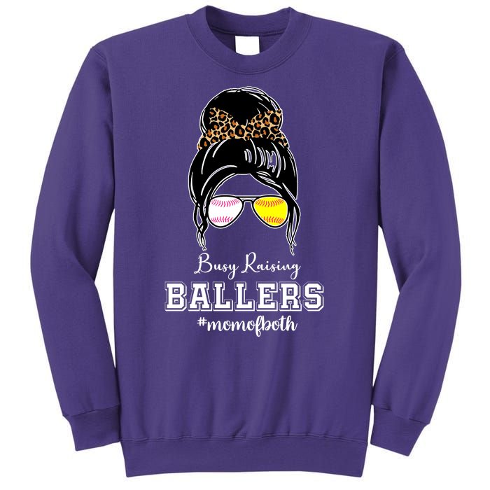 Busy Raising Ballers Mom Of Both Baseball Softball Messy Bun Sticker Features De Sweatshirt