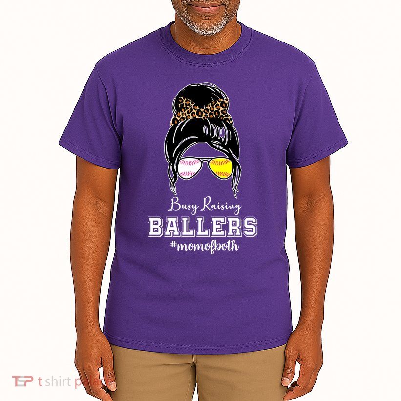 Busy Raising Ballers Mom Of Both Baseball Softball Messy Bun Sticker Features De Tall T-Shirt