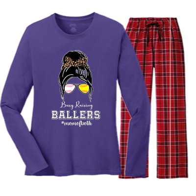 Busy Raising Ballers Mom Of Both Baseball Softball Messy Bun Sticker Features De Women's Long Sleeve Flannel Pajama Set 