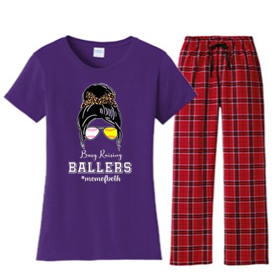 Busy Raising Ballers Mom Of Both Baseball Softball Messy Bun Sticker Features De Women's Flannel Pajama Set