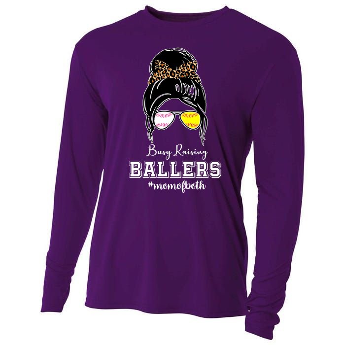 Busy Raising Ballers Mom Of Both Baseball Softball Messy Bun Sticker Features De Cooling Performance Long Sleeve Crew