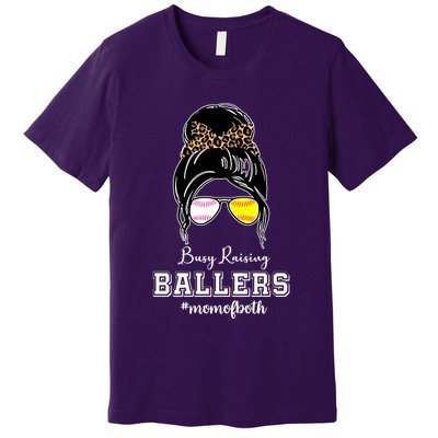 Busy Raising Ballers Mom Of Both Baseball Softball Messy Bun Sticker Features De Premium T-Shirt