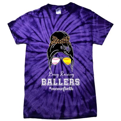 Busy Raising Ballers Mom Of Both Baseball Softball Messy Bun Sticker Features De Tie-Dye T-Shirt