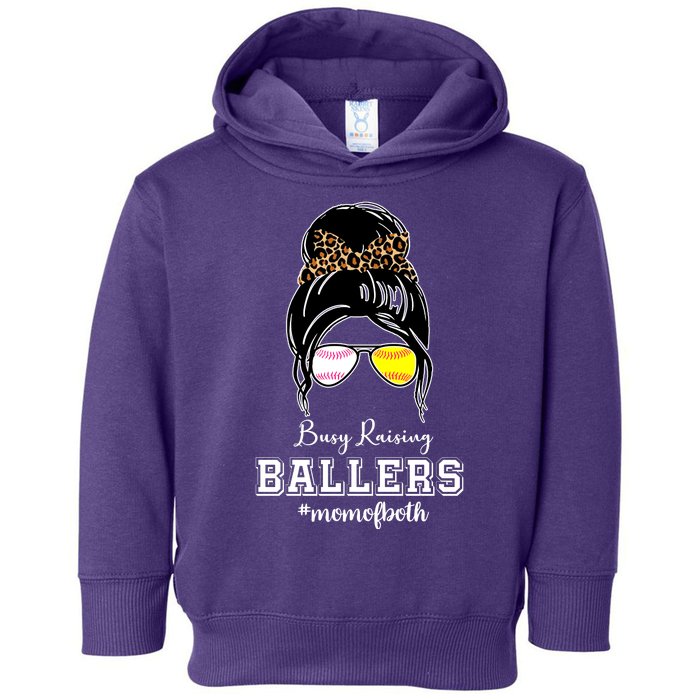 Busy Raising Ballers Mom Of Both Baseball Softball Messy Bun Sticker Features De Toddler Hoodie