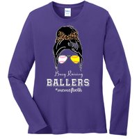 Busy Raising Ballers Mom Of Both Baseball Softball Messy Bun Sticker Features De Ladies Long Sleeve Shirt