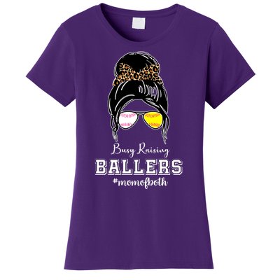 Busy Raising Ballers Mom Of Both Baseball Softball Messy Bun Sticker Features De Women's T-Shirt