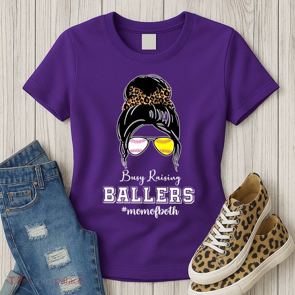 Busy Raising Ballers Mom Of Both Baseball Softball Messy Bun Sticker Features De Womens T-Shirt