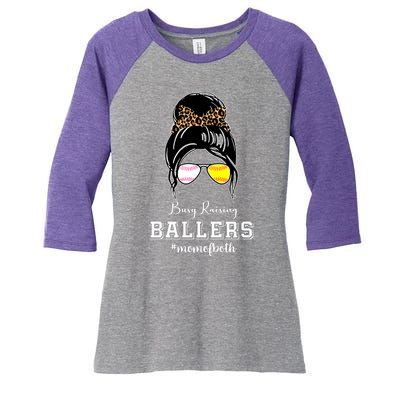 Busy Raising Ballers Mom Of Both Baseball Softball Messy Bun Sticker Features De Women's Tri-Blend 3/4-Sleeve Raglan Shirt