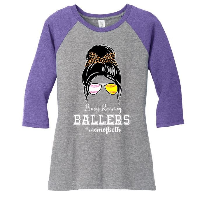 Busy Raising Ballers Mom Of Both Baseball Softball Messy Bun Sticker Features De Women's Tri-Blend 3/4-Sleeve Raglan Shirt